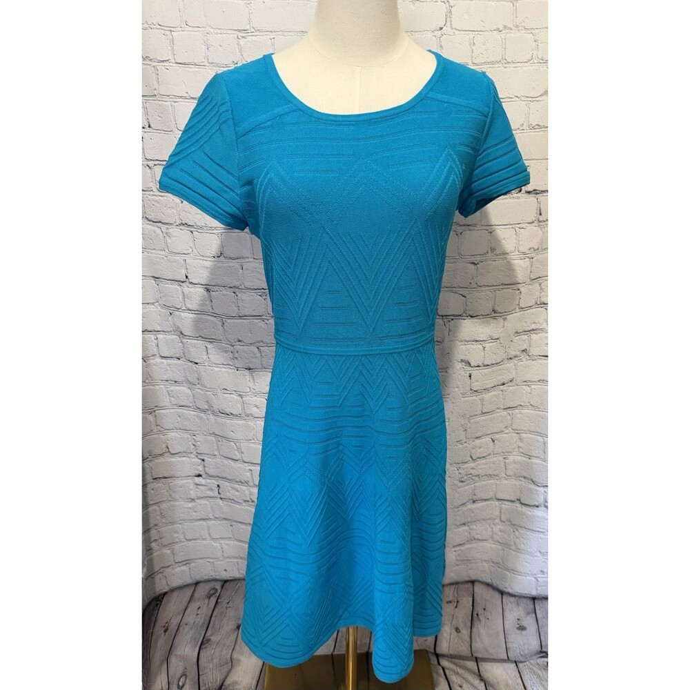 Talbots Turquoise Rayon/Nylon Knit Dress-Upraised Geometric Pattern Medium
